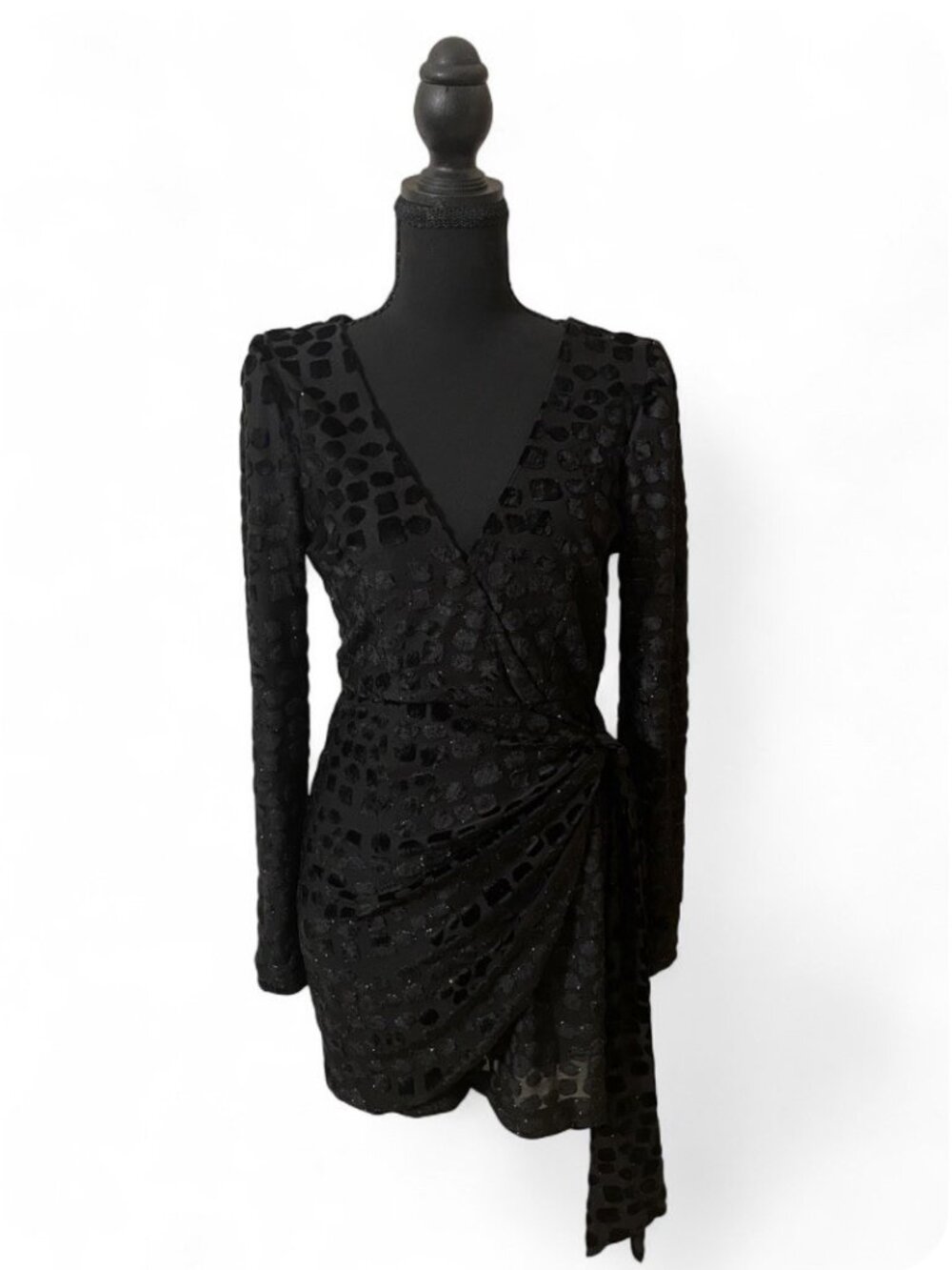 Lulus Velvet Little Black Dress Sparkle LBD, Mini Length with Bow, Long Sleeve